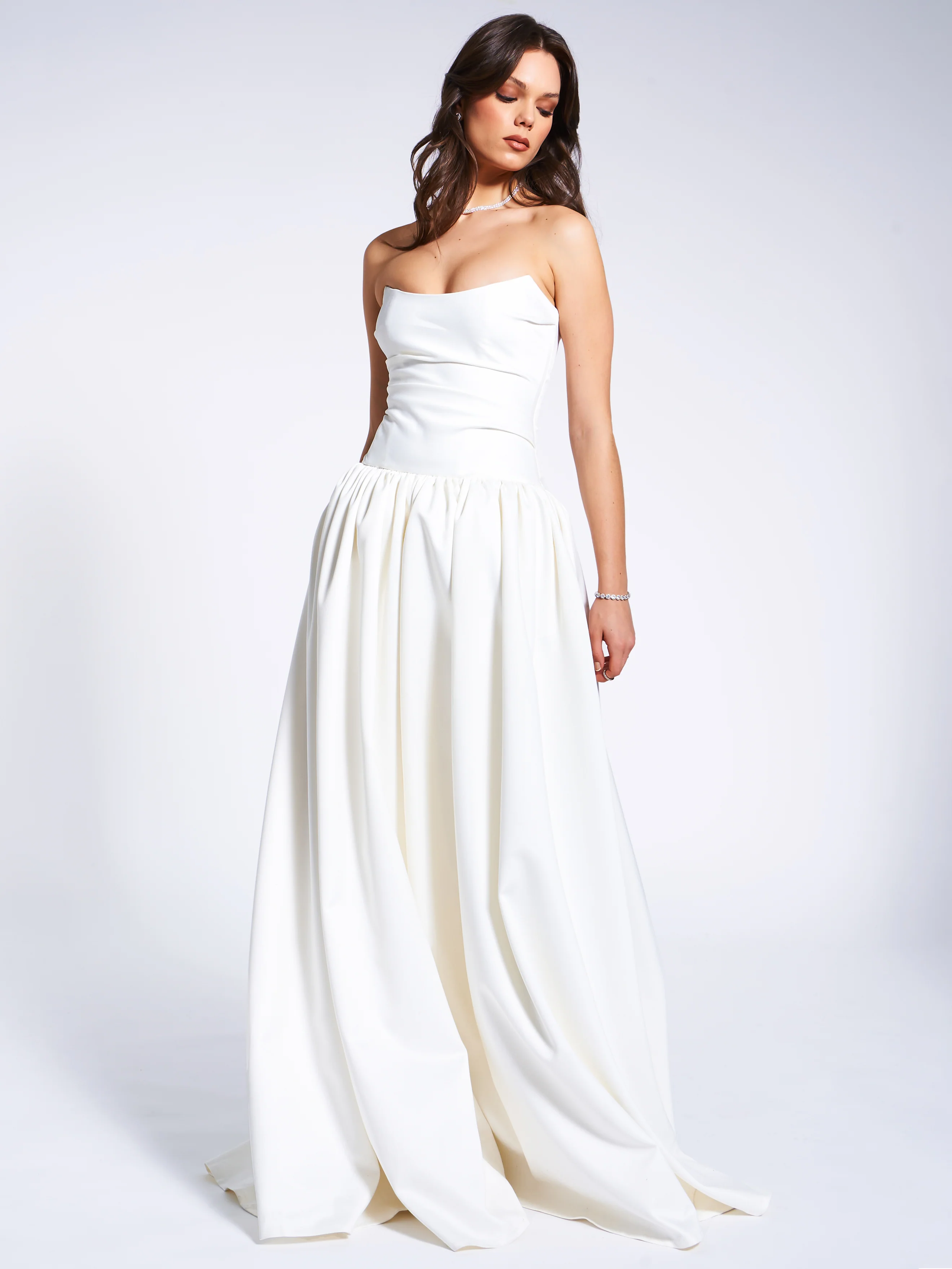 Umay White Drop Waist Satin Corset Bridal Gown - Image 17