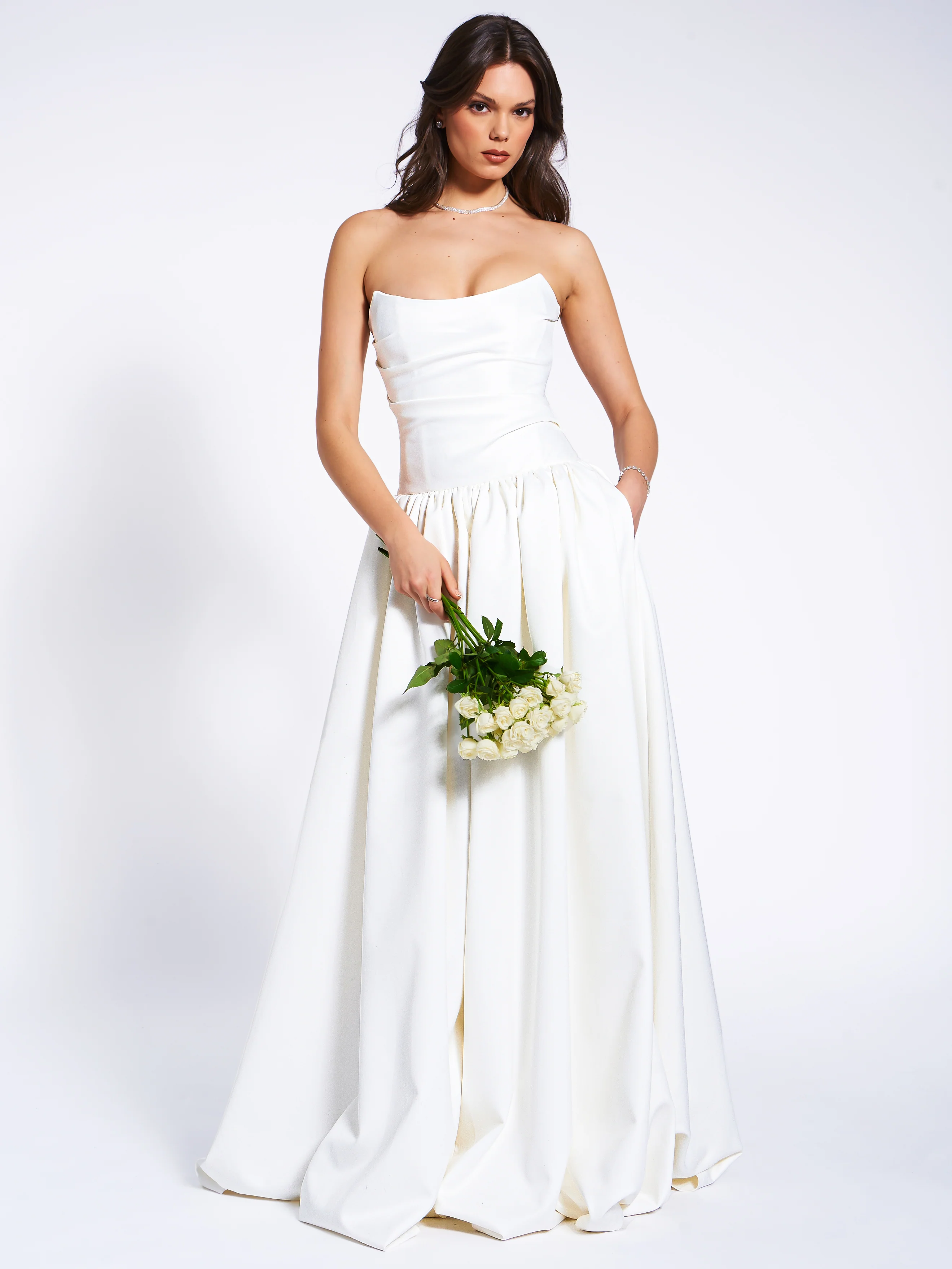 Umay White Drop Waist Satin Corset Bridal Gown - Image 3