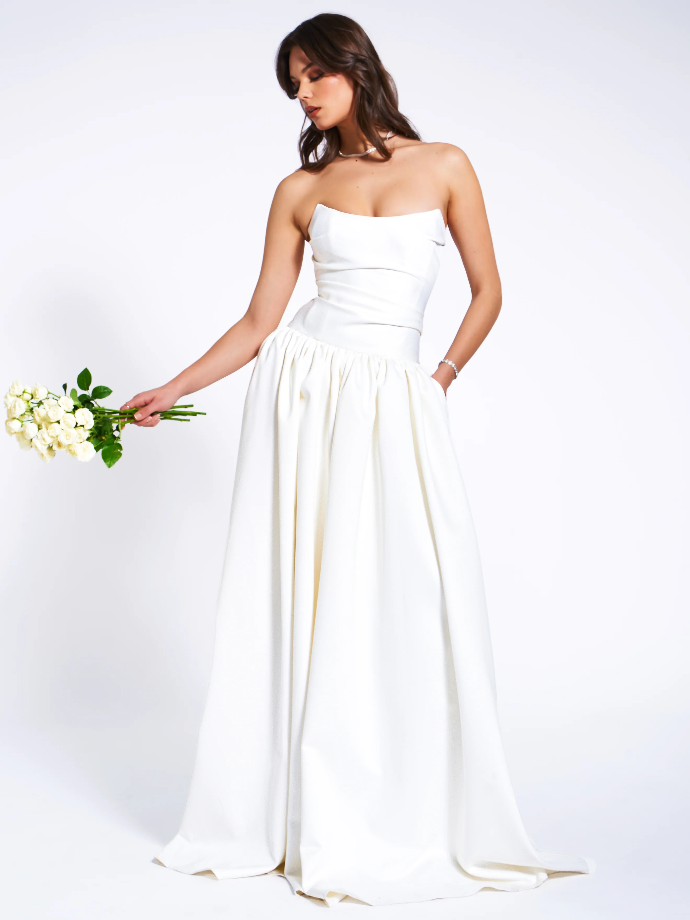 Umay White Drop Waist Satin Corset Bridal Gown - Image 5
