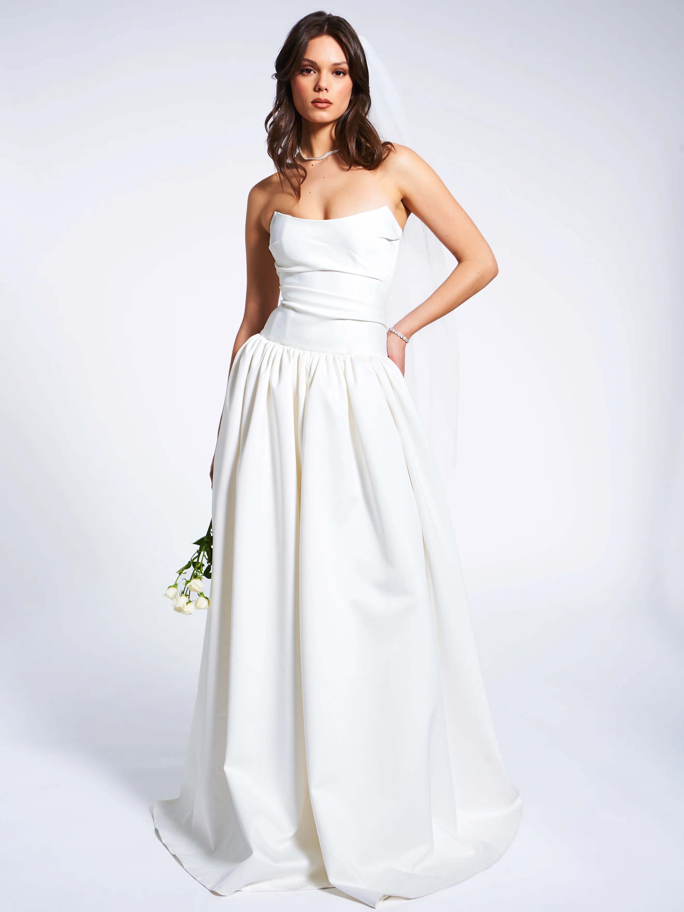 Umay White Drop Waist Satin Corset Bridal Gown - Image 6