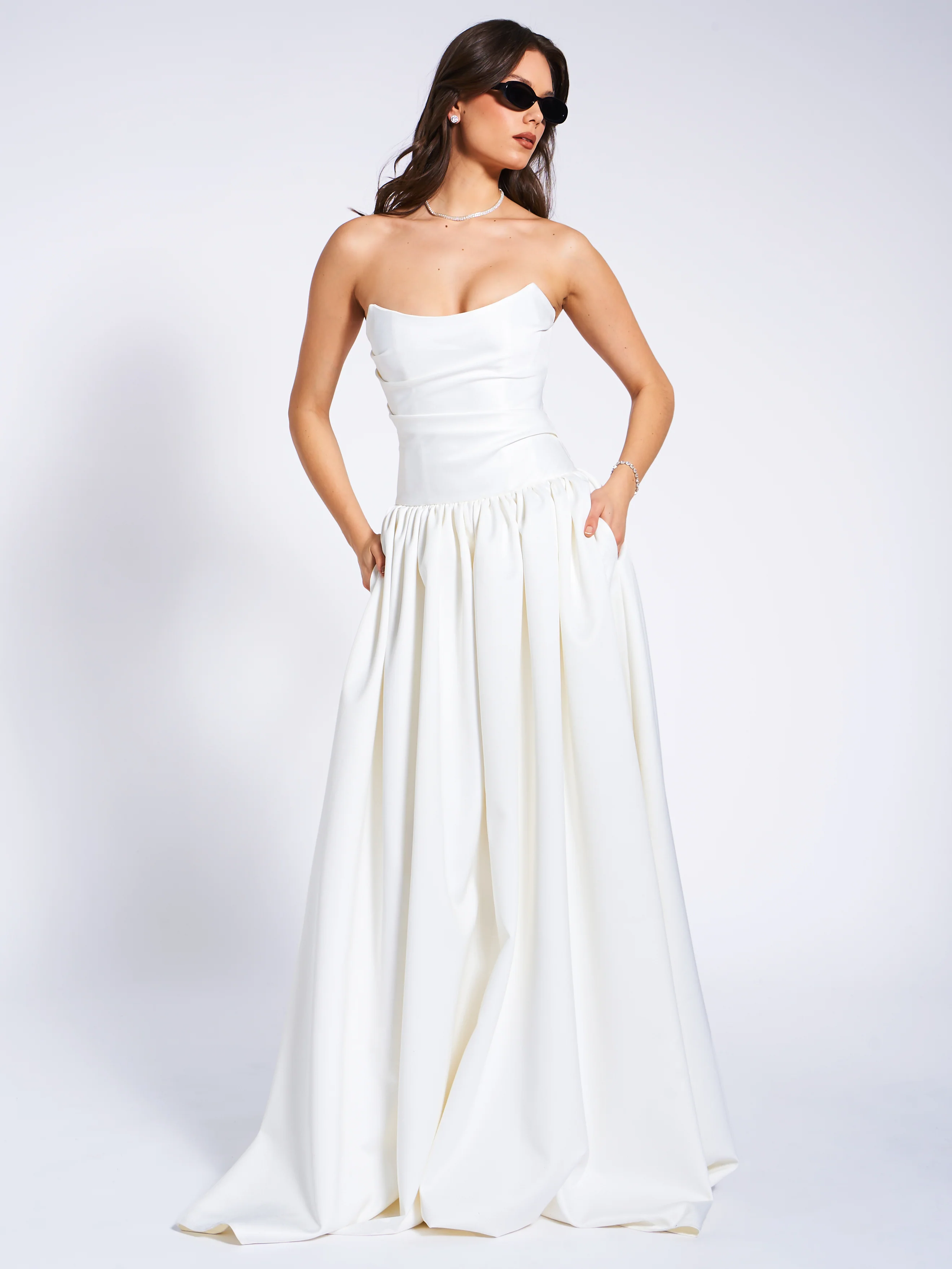 Umay White Drop Waist Satin Corset Bridal Gown - Image 7