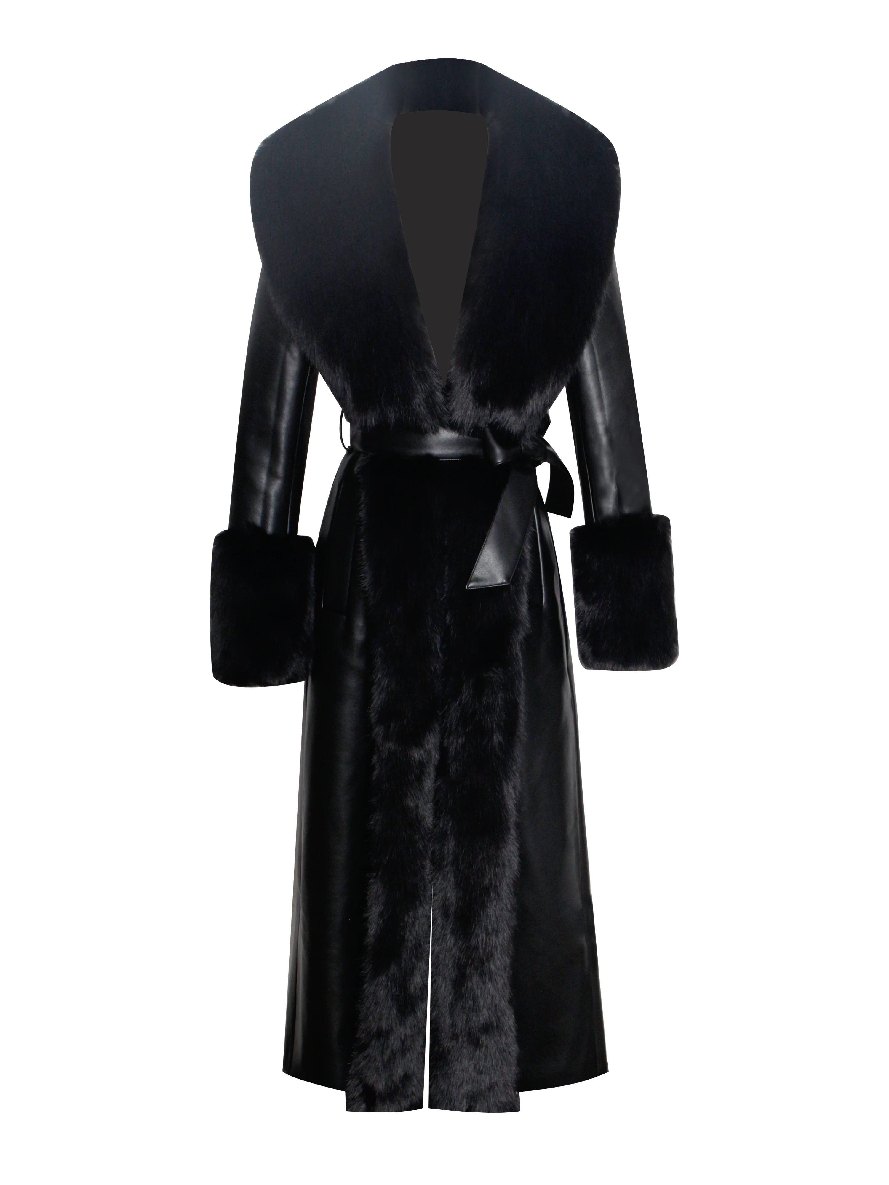 Zaida Black Vegan Fur Trim Black Vegan Leather Coat - Image 17