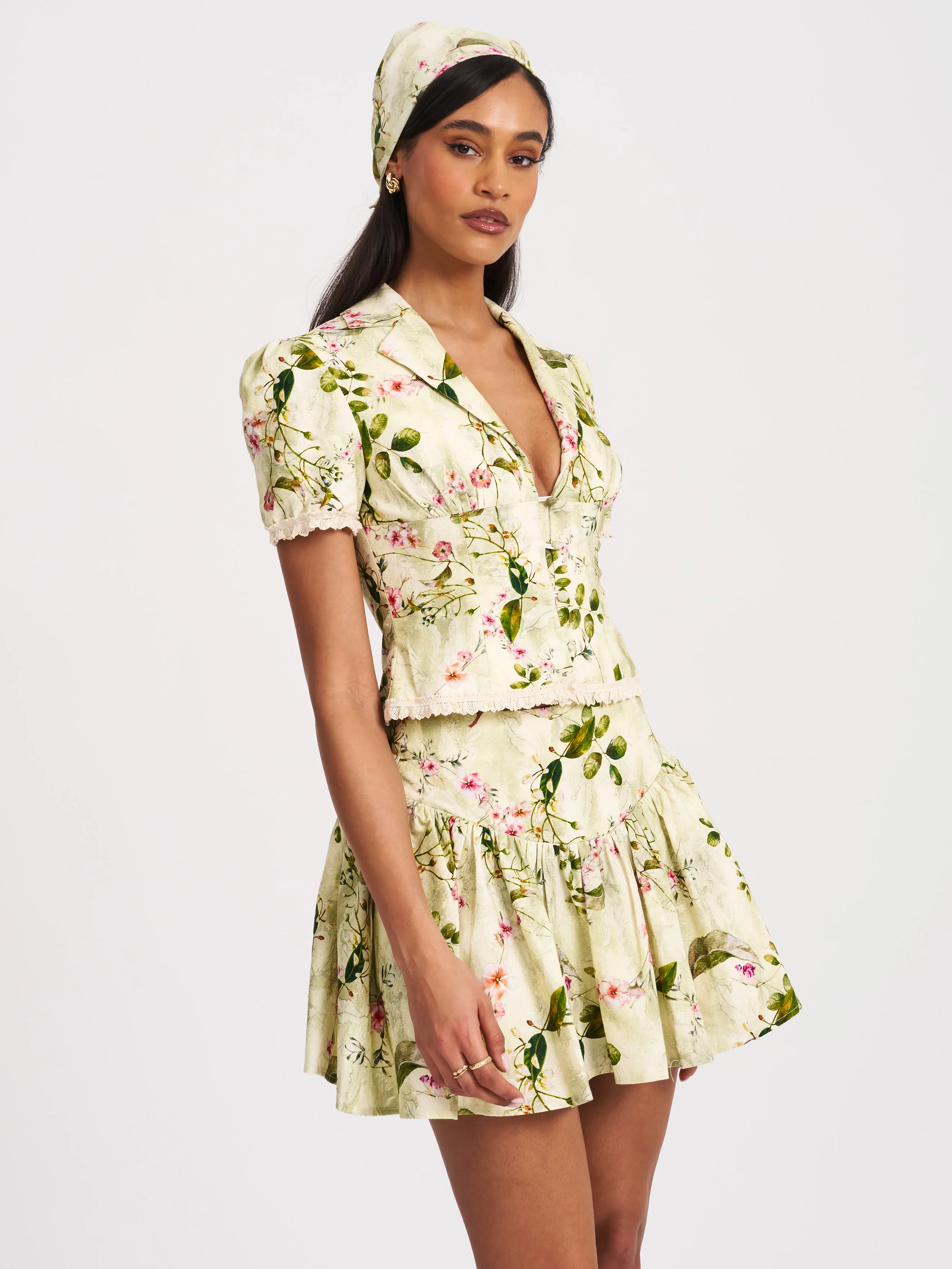 Zanelle Green Floral Print Drop Waist Linen Full Skirt - Image 8